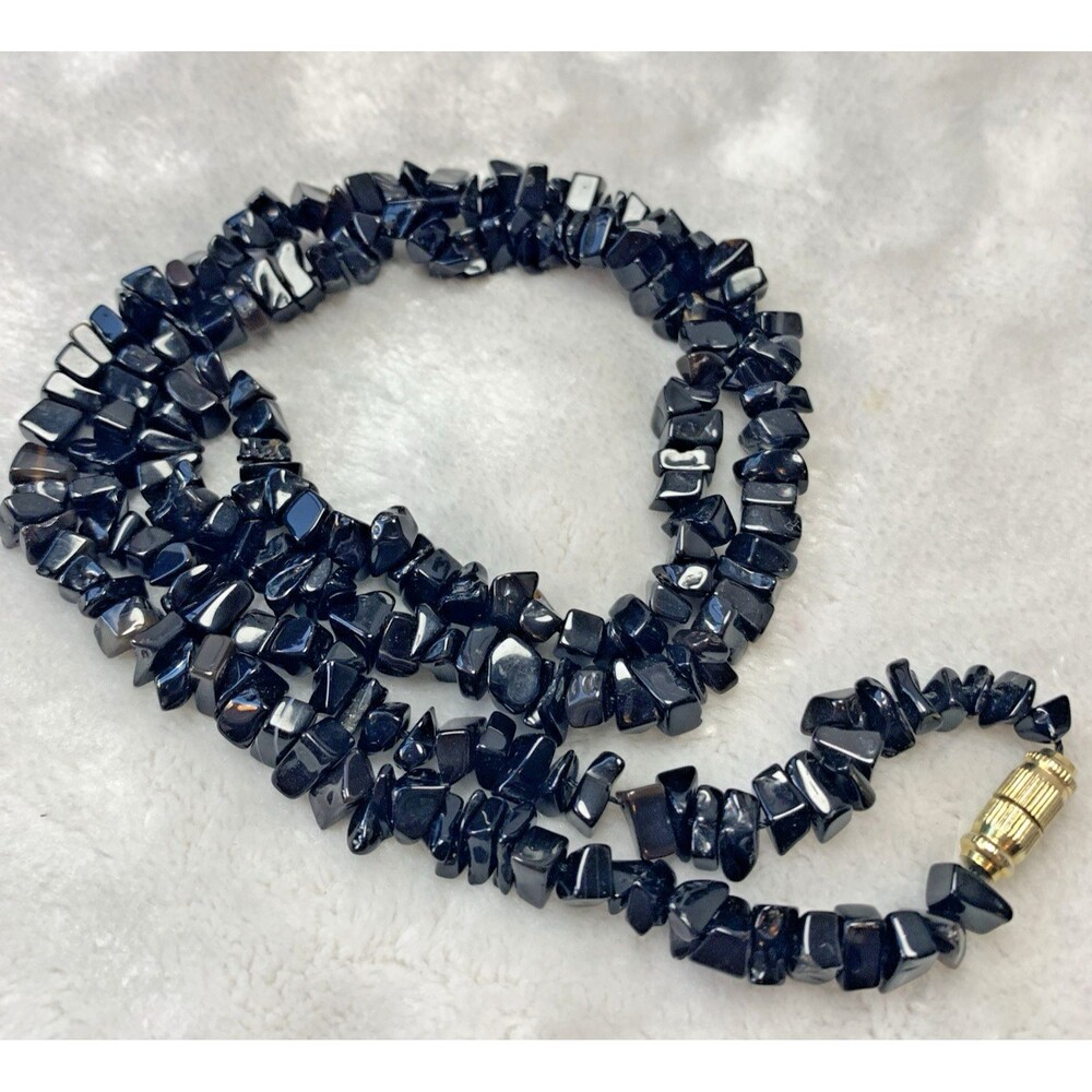 Vintage Black Onyx Agate Chip Necklace 24" Nugget Strand 90s Gothic